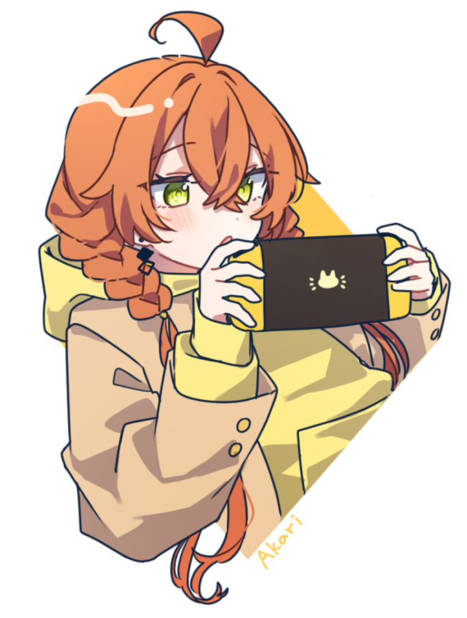 1girl, ahoge, blush, braid, character_name, commentary, cropped_torso, crossed_bangs