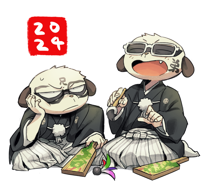 2024, 2boys, annoyed, closed_eyes, commentary_request, daimon_kenshirou, daimon_koushirou, fang, furry, furry_male, glasses, hagoita, hane_(hanetsuki), hanetsuki, head_on_hand, holding, holding_calligraphy_brush, holding_paddle, ikiikiikinuki, ink_on_face, japanese_clothes, kimono, laughing, male_focus, meerkat_boy, meerkat_ears, multiple_boys, new_year, odd_taxi, paddle, siblings, sweatdrop, translation_request, twins, white_background