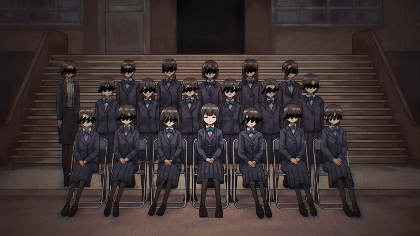 6+girls, black_footwear, black_socks, blazer, blue_bow, blue_bowtie, blue_skirt, blurry