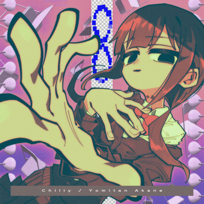 1girl, abstract_background, black_eyes, blazer, bow, bowtie, brown_hair, brown_jacket, brown_skirt, brown_sweater, chair, chirijiri_(synthesizer_v), collared_shirt, commentary_request, cowboy_shot, dedeen, dress_shirt, empty_eyes, fake_transparency, film_grain, floating_hair, folding_chair, foreshortening, gradient_background, hair_over_shoulder, half-closed_eyes, hand_on_own_chest, hand_up, highres, infinity_symbol, jacket, light_smile, long_sleeves, looking_at_viewer, low_twintails, off_shoulder, open_mouth, outstretched_hand, pink_background, pleated_skirt, red_bow, red_bowtie, scar, scar_on_neck, school_uniform, shirt, skirt, solo, song_name, sweater, synthesizer_v, twintails, white_shirt