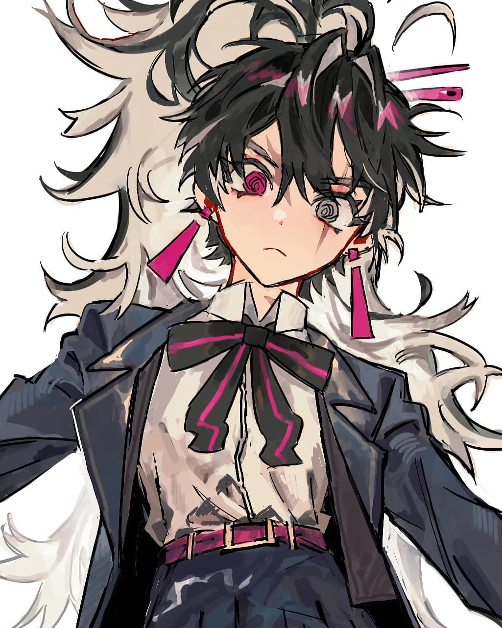 1girl, @_@, androgynous, belt, belt_buckle, black_bow, black_bowtie, black_hair
