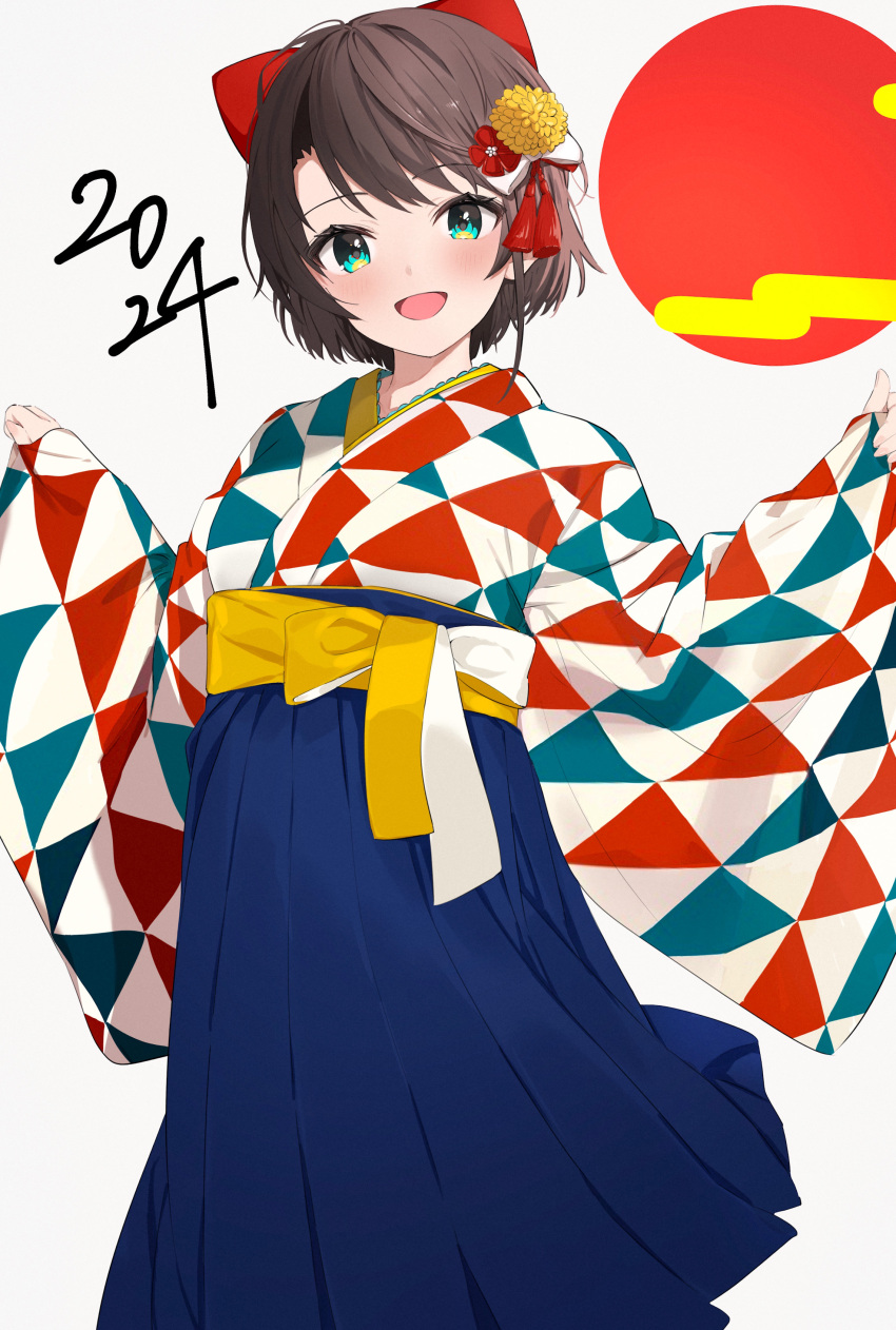 1girl, 2024, absurdres, black_hair, blue_eyes, blue_hakama, commentary_request, cowboy_shot