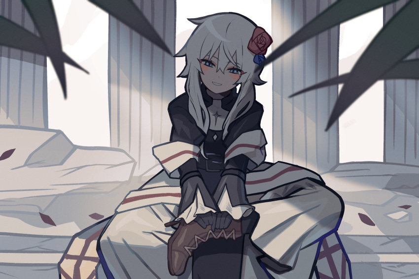 122pxsheol, 1girl, :d, belt, black_dress, black_gloves, blue_eyes, blush