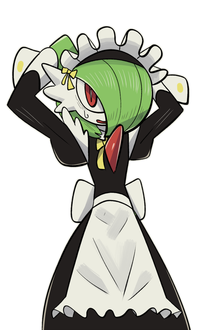 1girl, apron, arms_up, back_bow, bags_under_eyes, black_dress, bob_cut, bow, bright_pupils, clothed_pokemon, colored_skin, commentary_request, dress, flat_chest, gardevoir, green_hair, green_skin, hair_bow, hair_over_one_eye, juliet_sleeves, long_dress, long_sleeves, looking_at_viewer, maid, maid_headdress, multicolored_skin, neck_ribbon, nervous, one_eye_covered, open_mouth, outline, partial_commentary, pokemon, pokemon_(creature), puffy_sleeves, red_eyes, ribbon, short_hair, simple_background, solo, songaksi, standing, sweat, transparent_background, two-tone_skin, waist_apron, white_apron, white_outline, white_pupils, white_skin, yellow_bow, yellow_ribbon