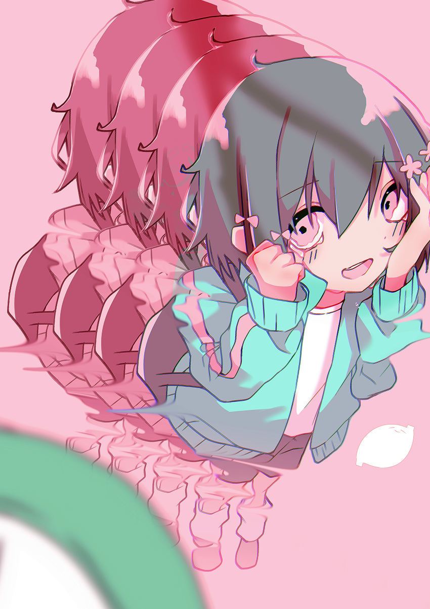 1girl, absurdres, aqua_jacket, black_hair, black_shorts, blurry, blurry_foreground, bow