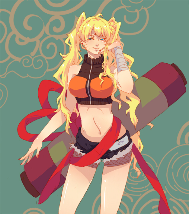 blonde_hair, blue_eyes, crop_top, fishnets, forehead_protector, genderswap, long_hair, midriff