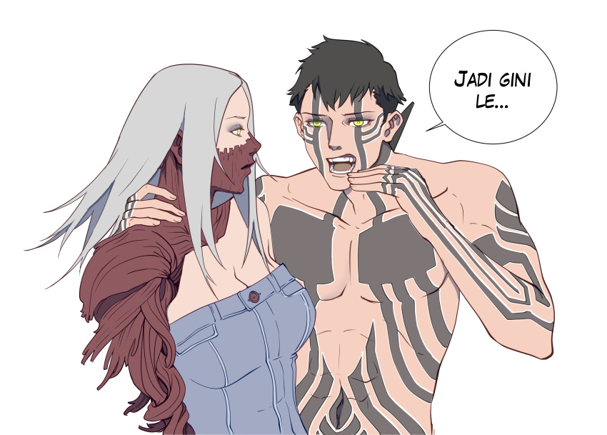 1boy, 1girl, absurdres, aghoby, atlus, black_hair, bro_explaining_(meme), demi-fiend, demon_boy, demon_girl, demon_tattoos, highres, megami_tensei, meme, shin_megami_tensei, shin_megami_tensei_iii:_nocturne, tachibana_chiaki_(smt3), tattoo, topless_male, white_hair, yellow_eyes
