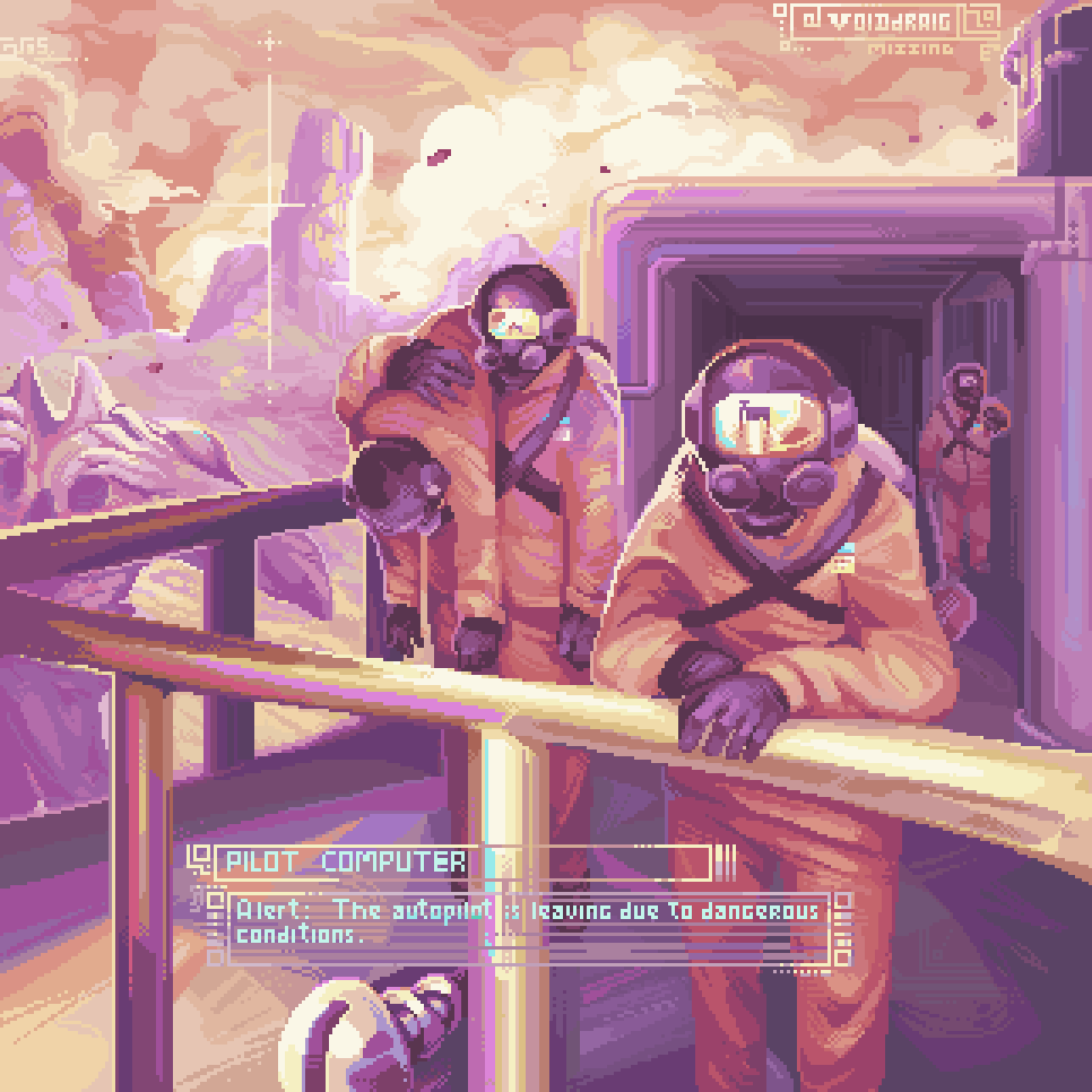 4others, against_railing, bodysuit, carrying, carrying_over_shoulder, carrying_person, english_text, forest_keeper_(lethal_company), hazmat_suit, helmet, highres, improvised_weapon, lethal_company, monster, multiple_others, orange_bodysuit, outdoors, oxygen_mask, oxygen_tank, pixel_art, railing, reflection, reflective_visor, road_sign, screw, sign, spacecraft, stop_sign, strap, voiddraig, worker_(lethal_company)