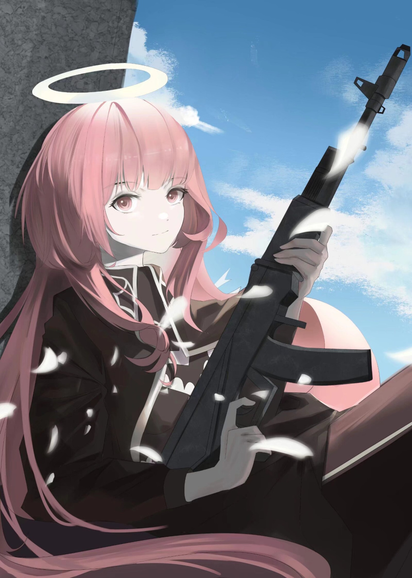 1girl, arknights, birchboat, black_jacket, blue_sky, cowboy_shot, day, gun