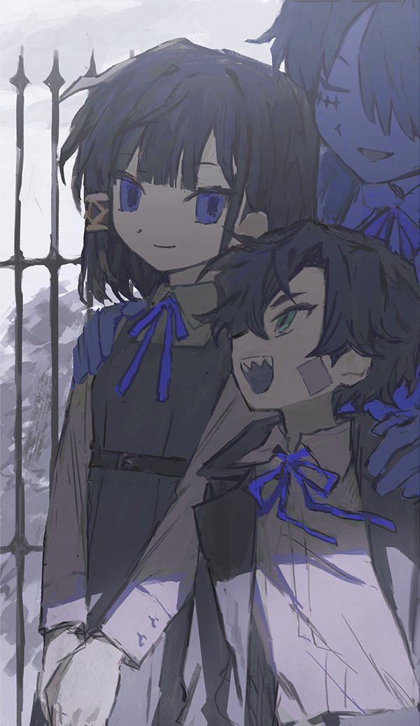 1girl, 2boys, aged_down, arne_alternata, bandaid, bandaid_on_cheek, bandaid_on_face, belt