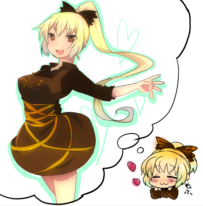 adult, alternate_hairstyle, bad_id, blonde_hair, breasts, dreaming, heart, imagining