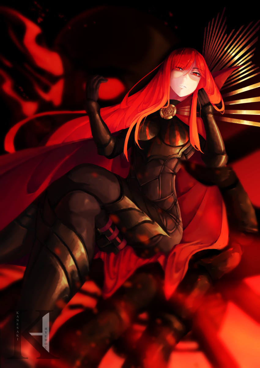 1girl, absurdres, black_background, black_bodysuit, bodysuit, cape, chain, collared_cape, family_crest, fate/grand_order, fate_(series), hair_over_one_eye, highres, kanesaki, medallion, oda_nobunaga_(fate), oda_nobunaga_(maou_avenger)_(fate), oda_uri, popped_collar, red_cape, red_eyes, redhead, solo, tight_top