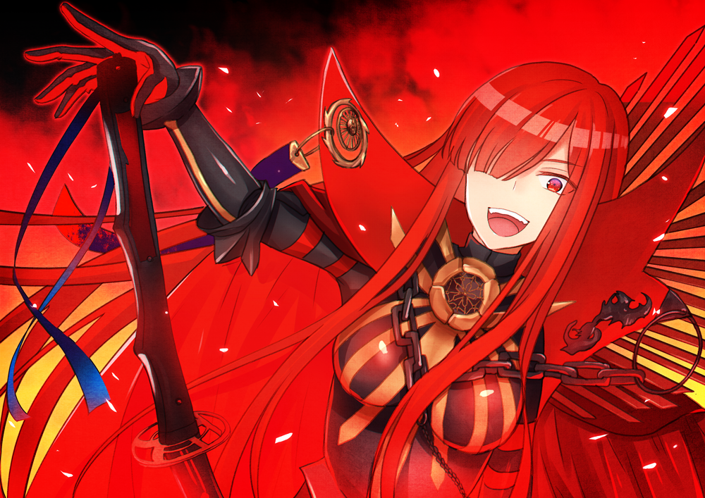 1girl, black_bodysuit, bodysuit, cape, chain, collared_cape, family_crest, fate/grand_order