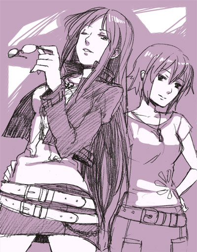casual, chain, cropped_jacket, fukutarou_(enji127), glasses, holding, holding_glasses, k-on!, kawakami_(k-on!), long_hair, miniskirt, monochrome, no_glasses, purple, short_hair, sketch, skirt, t-shirt, wink, yamanaka_sawako