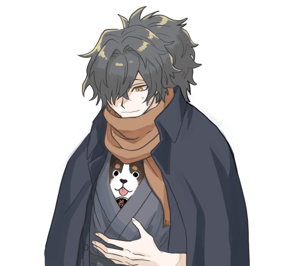 1boy, closed_mouth, facial_hair, fate/grand_order, fate_(series), grey_kimono, hair_over_one_eye, hand_up