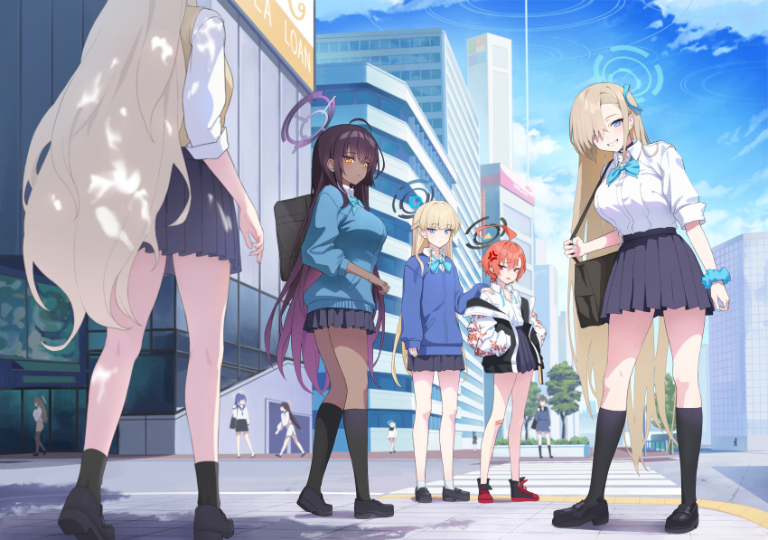 5girls, absurdres, ahoge, akane_(blue_archive), asuna_(blue_archive), black_skirt, blonde_hair, blue_archive