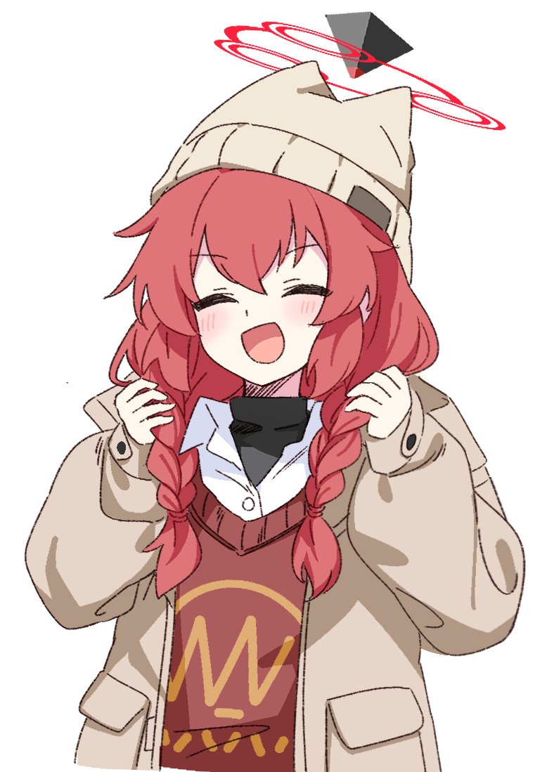 1girl, beanie, blue_archive, blush, braid, brown_jacket, brown_vest, closed_eyes, collared_shirt, hair_between_eyes, halo, hand_in_own_hair, hands_in_hair, hat, holding, holding_hair, jacket, long_hair, long_sleeves, maki_(blue_archive), maki_(camp)_(blue_archive), official_alternate_costume, open_clothes, open_jacket, open_mouth, red_halo, redhead, shiromoca, shirt, simple_background, smile, solo, twin_braids, upper_body, vest, white_background, white_shirt, yellow_headwear