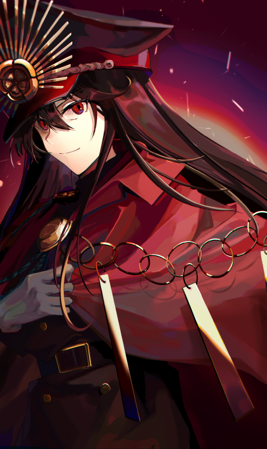 1girl, belt, black_hair, cape, chain, chisato_(surastike), family_crest, fate/grand_order