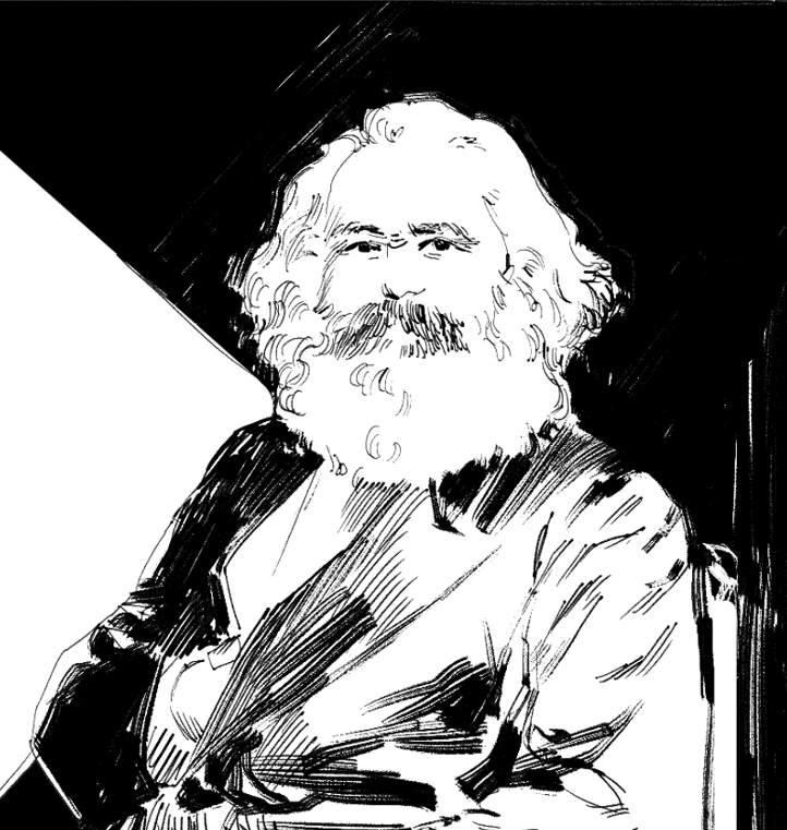 1boy, beard, black_eyes, facial_hair, forehead, from_side, godiva_ghoul, greyscale, hand_in_clothes, hatching_(texture), jacket, karl_marx, looking_at_viewer, male_focus, medium_hair, mismatched_eyebrows, monochrome, nose, old, old_man, original, simple_background, solo, thick_beard, thick_mustache, two-tone_background, upper_body