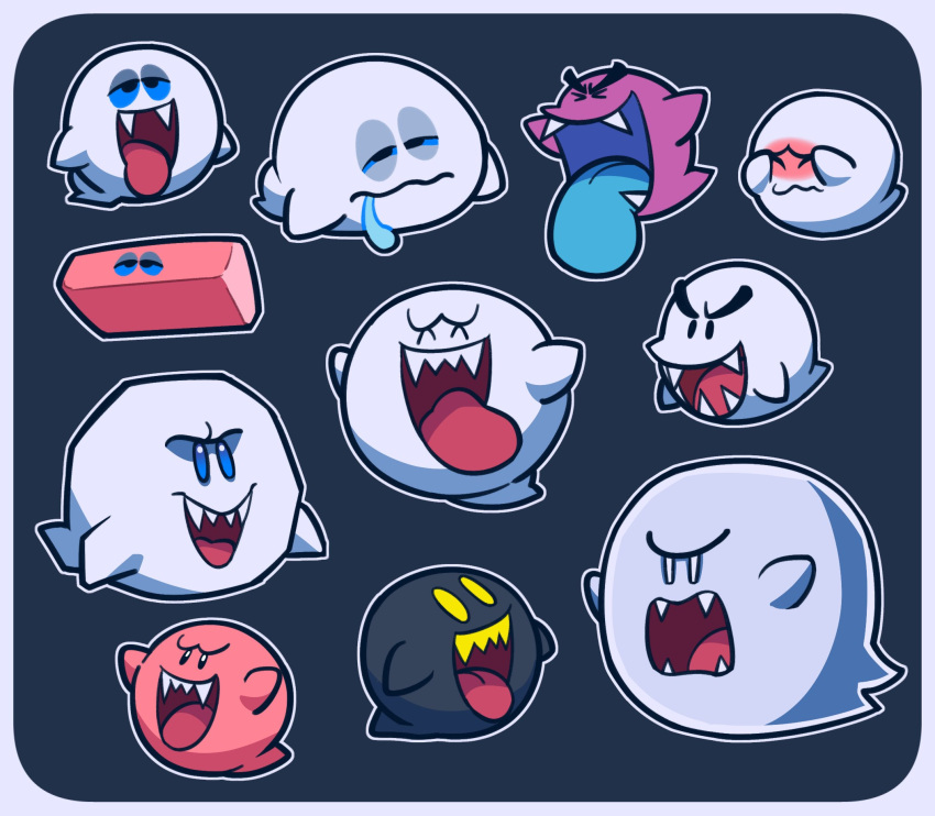 6+others, black_eyes, blue_background, blue_eyes, blush, bomb_boo, boo_(mario), border, closed_eyes, colored_sclera, english_commentary, fangs, ghost, half-closed_eyes, happy, highres, loveycloud, multiple_others, multiple_persona, multiple_views, open_mouth, outline, paper_mario, paper_mario:_the_thousand_year_door, saliva, saliva_drip, scared, sharp_teeth, simple_background, super_mario_64, super_mario_bros., super_mario_galaxy, super_mario_sunshine, super_mario_world, teeth, tongue, tongue_out, variations, white_border, white_eyes, white_outline, yellow_eyes, yellow_teeth