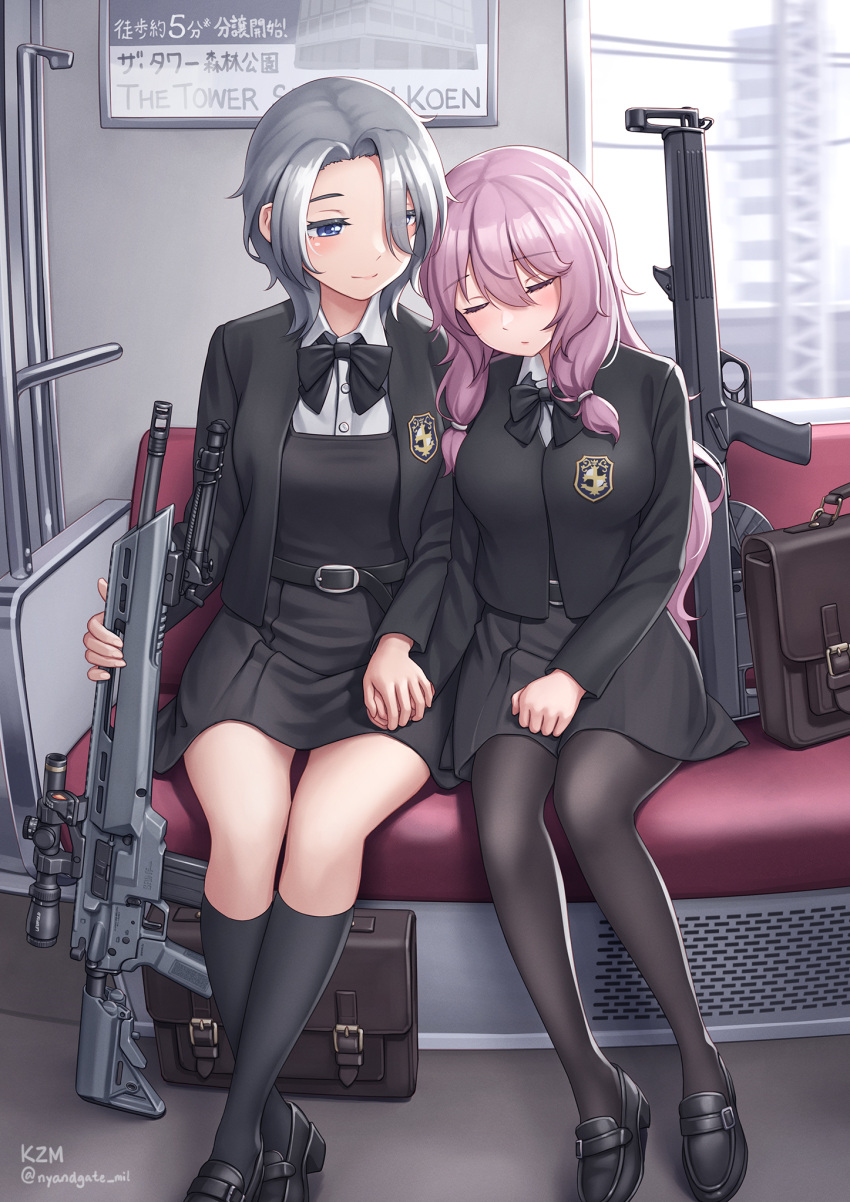 2girls, artist_name, bag, battle_rifle, black_bow, black_bowtie, black_jacket, black_skirt