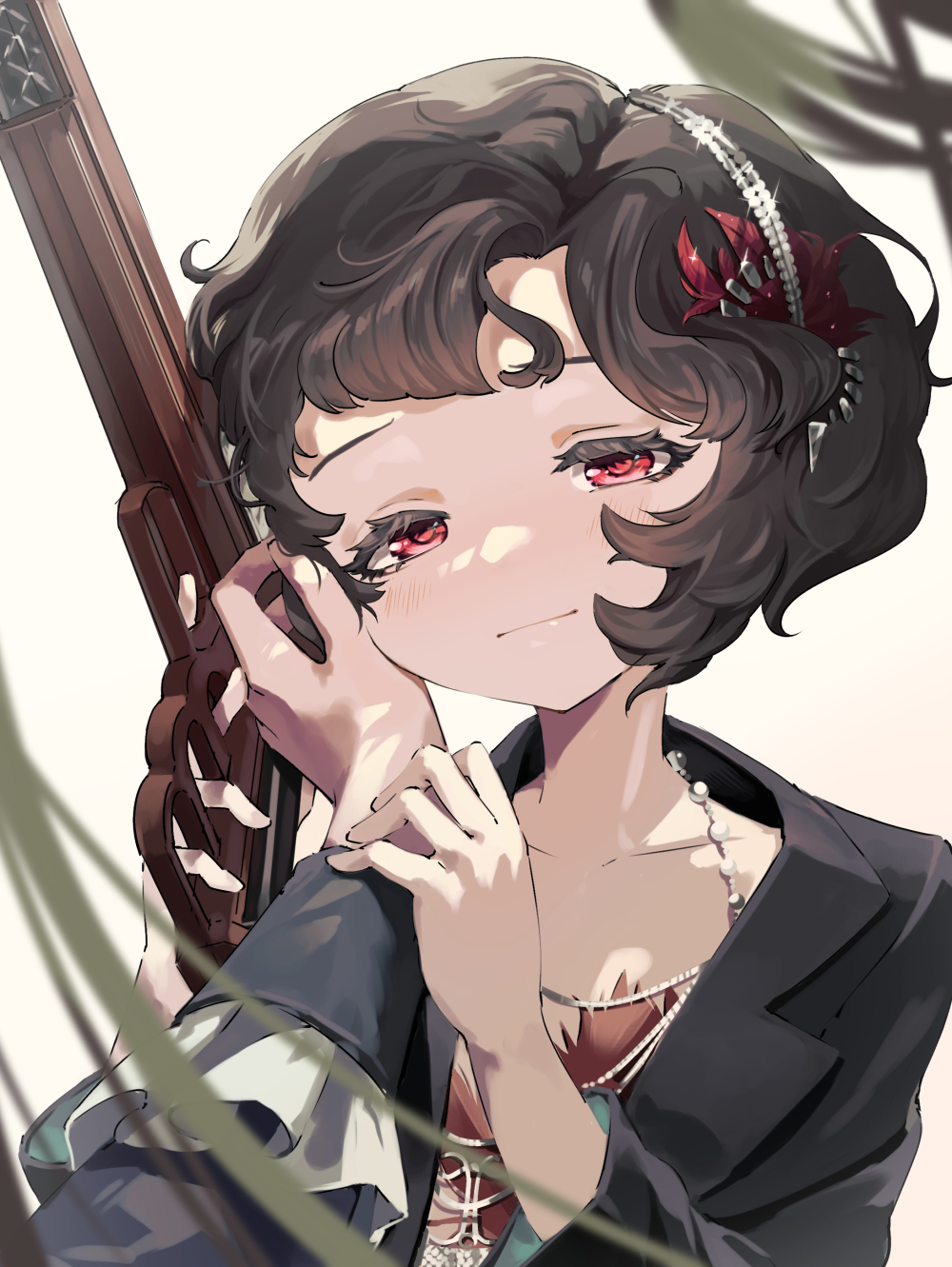 2girls, black_coat, black_hair, closed_mouth, coat, curly_hair, dress, feather_dress