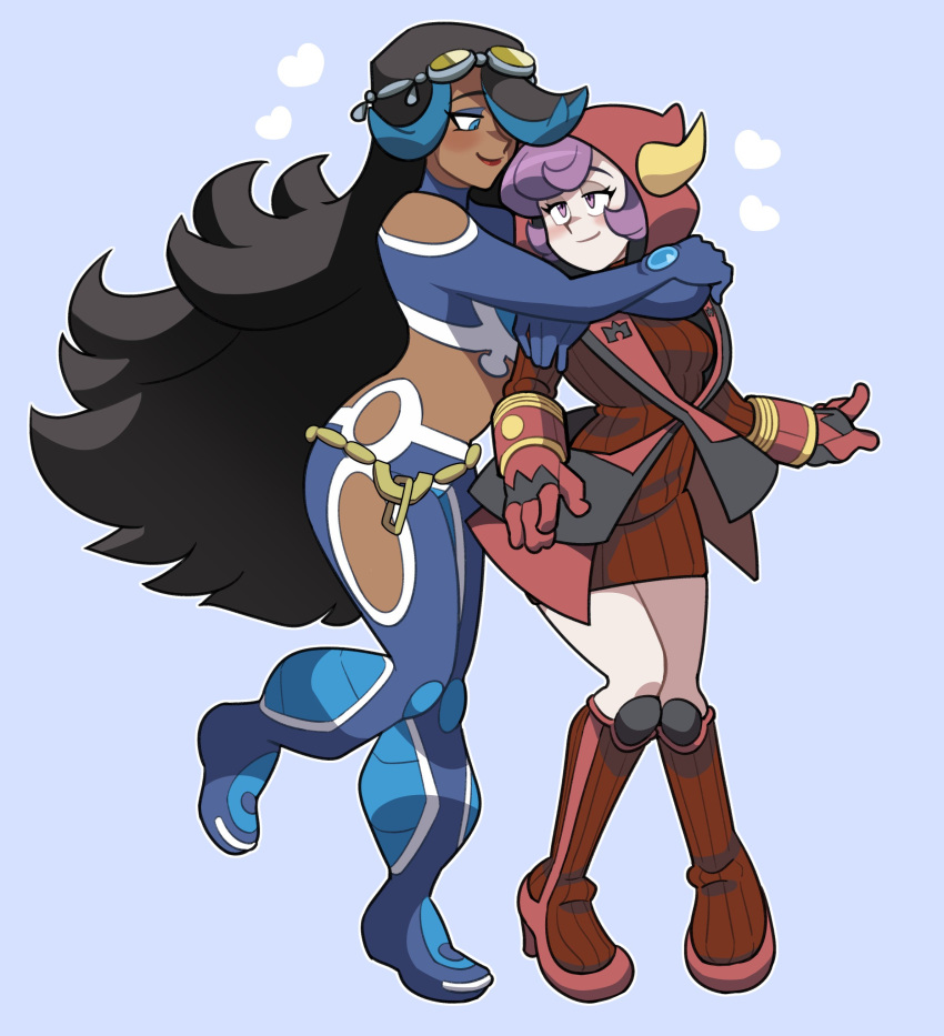 2girls, absurdres, black_hair, blue_background, blue_eyes, blue_eyeshadow, blue_footwear, blue_gemstone