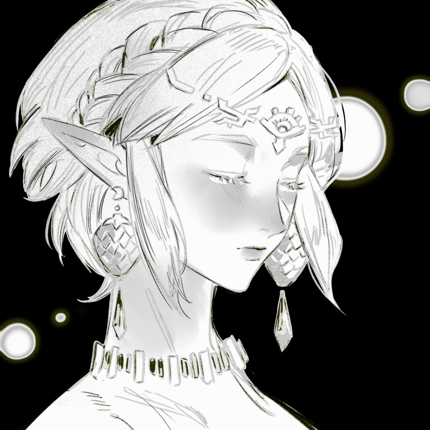 1girl, braid, circlet, closed_eyes, closed_mouth, crown_braid, earrings, eyelashes