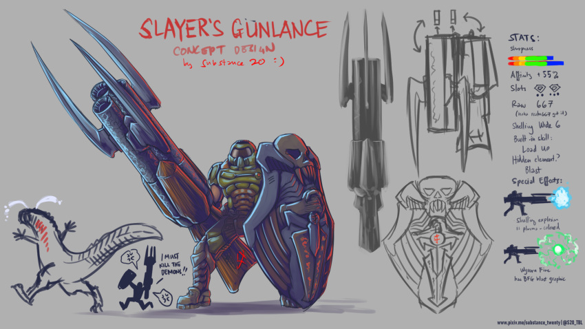 1boy, armor, bayonet, bfg_10000_(doom_eternal), boots, crossover, deviljho, doom_(series), doom_eternal, doomguy, english_text, green_armor, gun, gunlance, helmet, highres, holding, holding_gun, holding_weapon, huge_weapon, monster_hunter_(series), muscular, muscular_male, parody, shield, shotgun, solo_focus, substance20, triple-barreled_shotgun, weapon