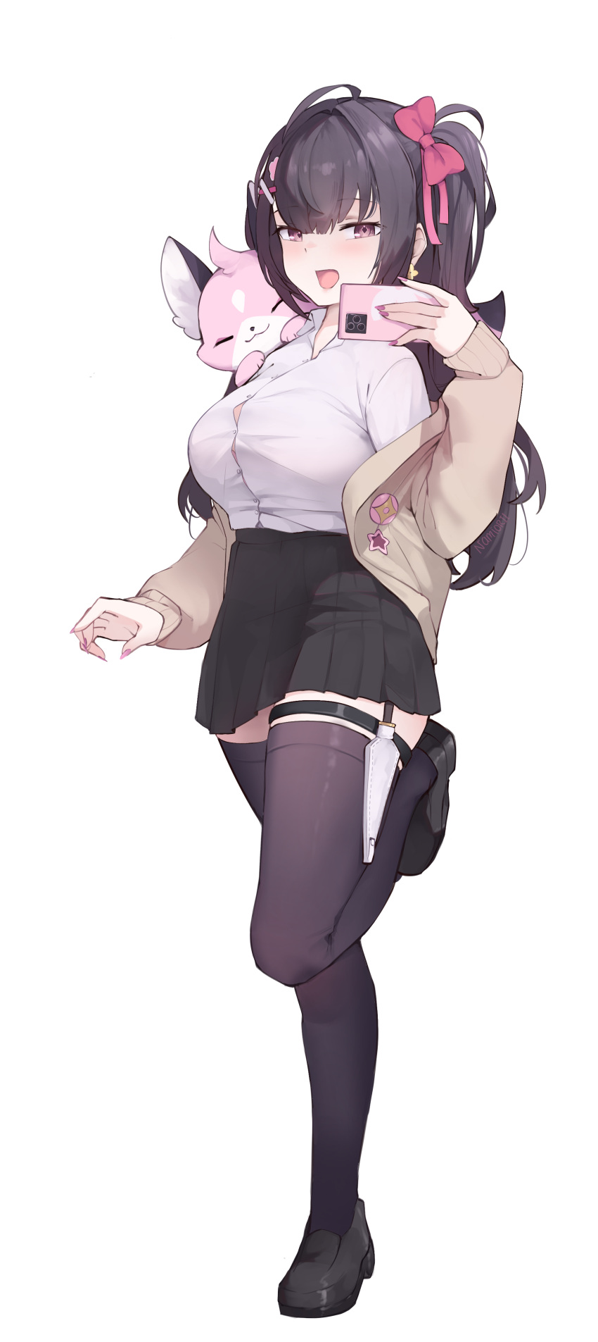 absurdres, animal_on_shoulder, black_footwear, black_hair, black_skirt, black_thighhighs, bow, breasts, brown_jacket, cellphone, collared_shirt, english_commentary, fox, hair_bow, highres, holding, holding_phone, jacket, kagekiri_maeve, large_breasts, long_hair, long_sleeves, looking_at_viewer, master117, open_mouth, phone, pink_bow, pink_eyes, pleated_skirt, school_uniform, shirt, shoes, skirt, smartphone, smile, standing, standing_on_one_leg, thigh-highs, transparent_background, twintails, v&amp;u_entertainment, virtual_youtuber, white_shirt
