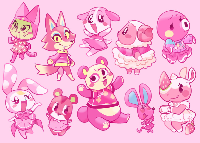 1boy, 6+girls, animal_crossing, animal_ears, apple_(animal_crossing), bear, bear_girl, black_eyes