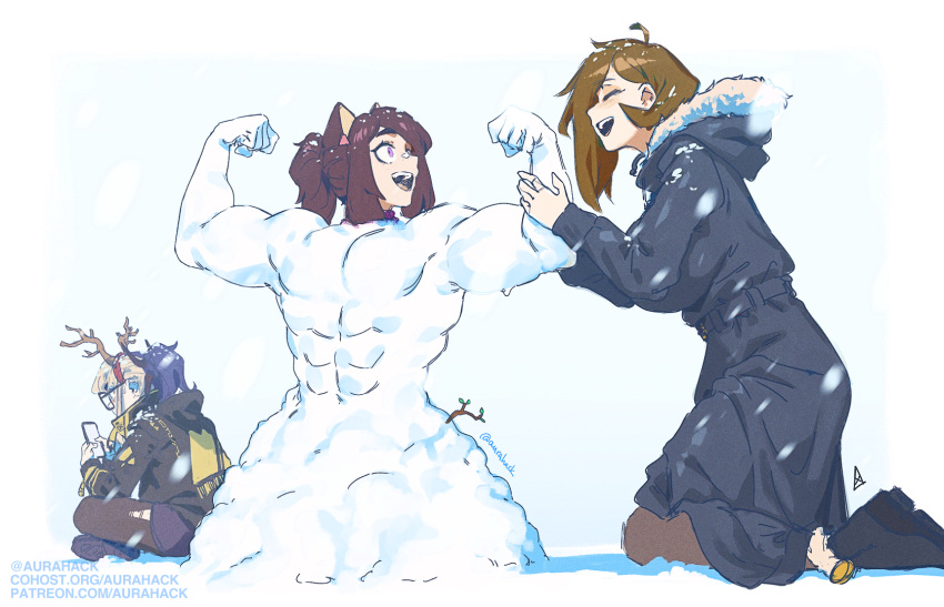 3girls, abs, animal_ears, ankle_boots, ascari_megane_(aurahack), asymmetrical_hair, aurahack, bandaid, bandaid_on_face, bandaid_on_nose, black-framed_eyewear, black_coat, black_footwear, black_hoodie, blonde_hair, blue_eyes, boots, breasts, brown_hair, brown_pants, cat_ears, catherine_(aurahack), cellphone, closed_eyes, coat, commentary, couple, english_commentary, flexing, full_body, hair_over_one_eye, highres, hood, hoodie, huge_breasts, laughing, levin_(aurahack), long_coat, looking_at_another, looking_at_phone, medium_hair, miqo'te, multiple_girls, original, outdoors, pants, pantyhose, phone, ponytail, smartphone, smile, snow, snowman, thick_eyebrows, torn_clothes, torn_pantyhose, violet_eyes, winter, winter_clothes, winter_coat, yuri
