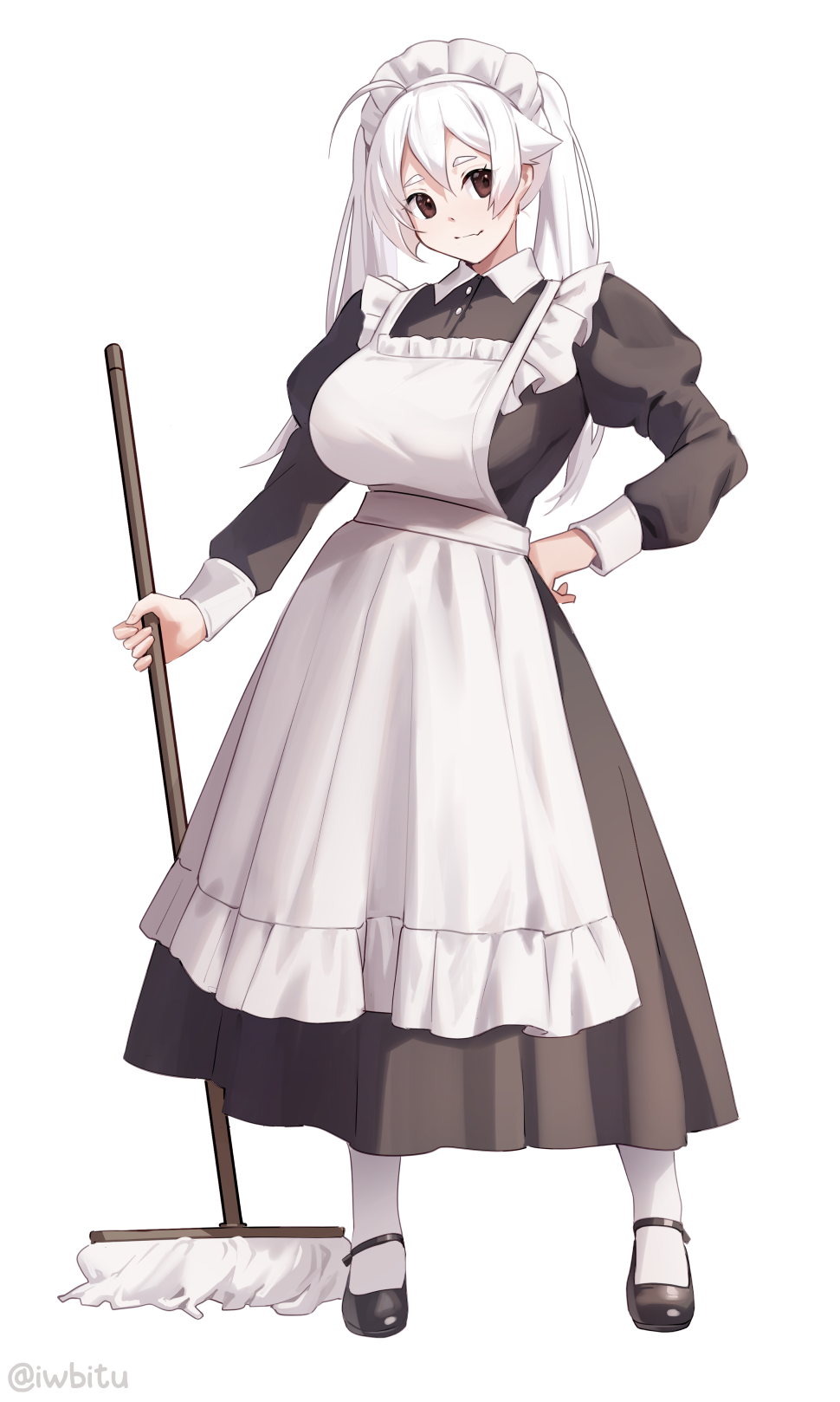 1girl, apron, black_footwear, breasts, brown_eyes, brown_hair, dress, full_body