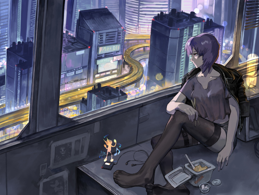 1girl, absurdres, belt, black_belt, black_jacket, black_thighhighs, breasts, building