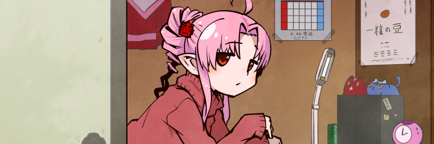 1girl, absurdres, ahoge, alarm_clock, alternate_costume, blush, calendar_(object), clock