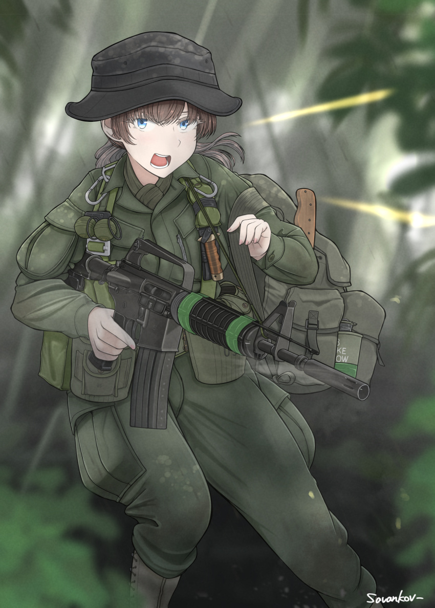 1girl, ammunition_pouch, artist_name, assault_rifle, backpack, bag, blue_eyes, boonie_hat