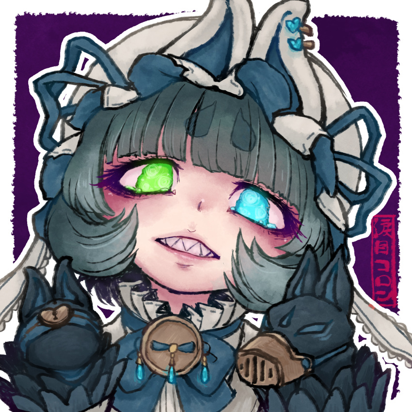 1girl, adapted_costume, blue_bow, blue_bowtie, blue_eyes, blunt_bangs, border, bow