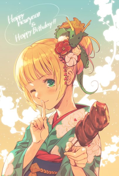 1girl, alternate_costume, alternate_hairstyle, aqua_kimono, blonde_hair, blunt_bangs, blush, chinese_zodiac, commentary_request, fire_emblem, fire_emblem:_three_houses, floral_print, floral_print_kimono, flower, food, hair_bun, hair_flower, hair_ornament, happy_birthday, happy_new_year, holding, holding_food, index_finger_raised, ingrid_brandl_galatea, japanese_clothes, kimono, nerikiri6, obi, one_eye_closed, print_kimono, red_flower, sash, single_hair_bun, solo, wide_sleeves, year_of_the_dragon, yukata