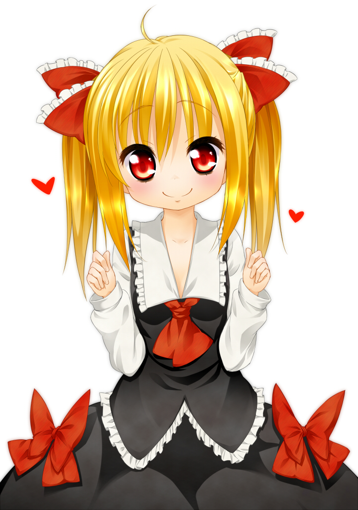 adapted_costume, alternate_hairstyle, blonde_hair, bow, face, hair_bow, hands, heart