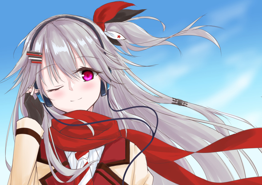 1girl, absurdres, black_gloves, black_ribbon, blue_sky, blush, closed_mouth, commentary_request