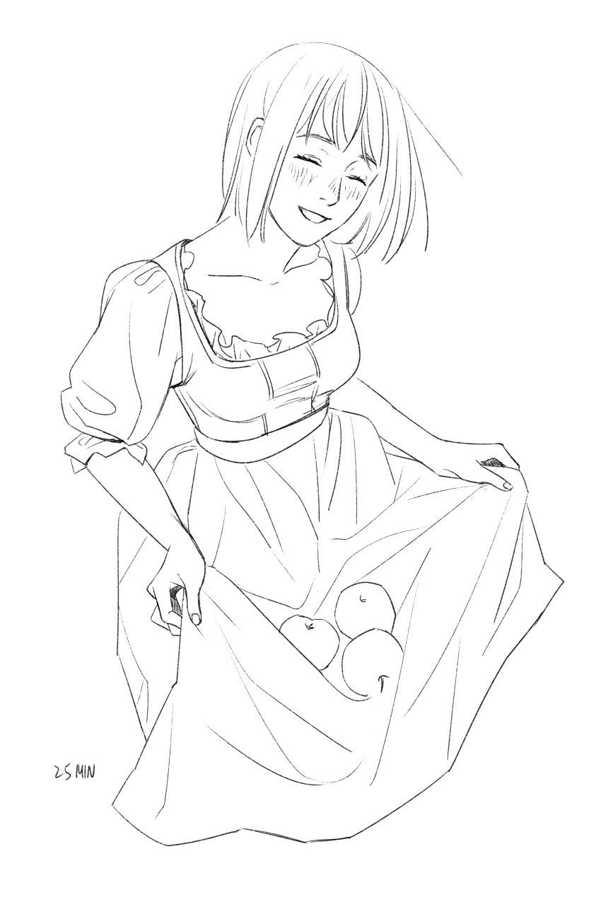 1girl, ^_^, absurdres, apple, blush, breasts, closed_eyes, cropped_torso
