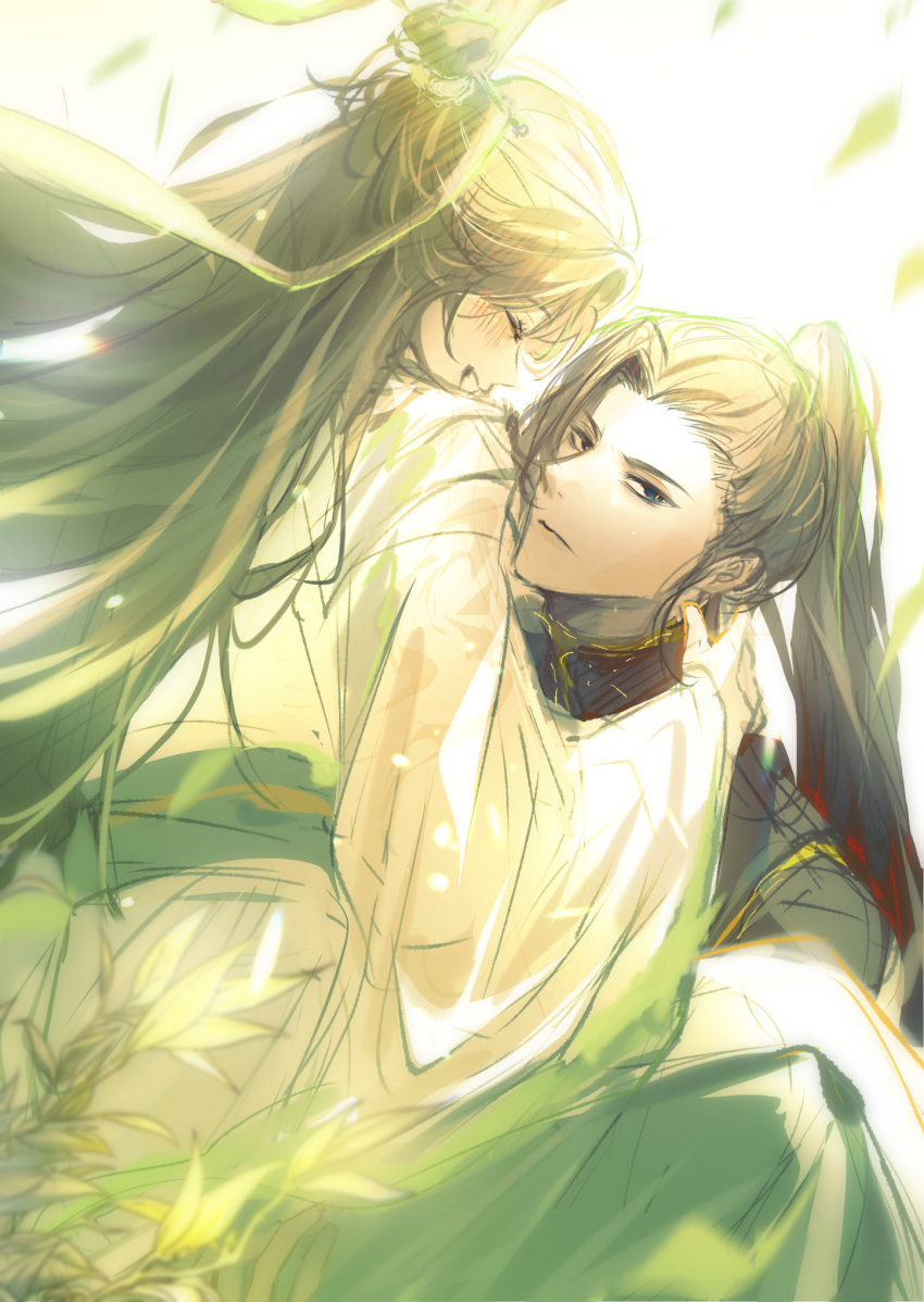 1boy, 1girl, black_hair, black_hanfu, blue_eyes, blush, brown_hair, chinese_clothes, chinese_hairpin, closed_eyes, closed_mouth, expressionless, green_sash, grin, hair_bun, hand_on_another's_neck, hanfu, high_ponytail, highres, korean_commentary, leaf, lerira9, long_hair, long_sleeves, looking_at_viewer, ming_yi, plant, ribbon, robe, sash, shi_qingxuan, smile, tianguan_cifu, white_background, white_hanfu, white_ribbon, white_robe, xiao_guan_(headdress)
