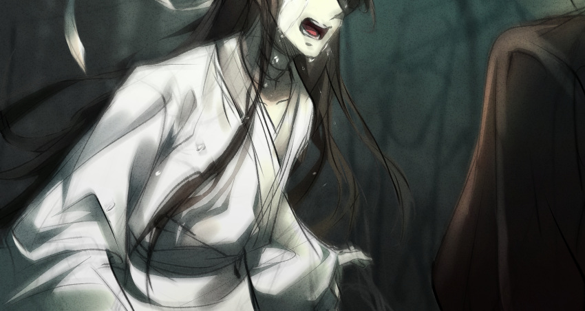 2boys, bandage_on_neck, brown_hair, cave, chinese_clothes, collarbone, crying, hanfu