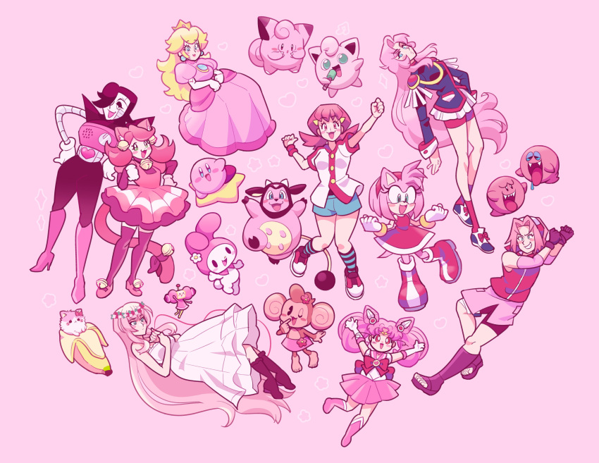 1boy, 1other, 6+girls, absurdres, ahoge, amy_rose, banana, bananya, bell, bishoujo_senshi_sailor_moon, black_eyes, blonde_hair, blue_brooch, blue_eyes, blush, blush_stickers, boo_(mario), bright_pupils, brooch, cat, chibi_usa, circle_formation, clefairy, clenched_hands, closed_mouth, color_connection, crossover, crown, dress, earrings, eyelashes, fangs, feet, female, flower, flower_wreath, food, fruit, furry, furry_female, hair_bell, hair_ornament, hand_on_own_face, haruno_sakura, heart, hedgehog_ears, hedgehog_girl, hedgehog_tail, highres, holding, holding_clothes, holding_dress, holding_microphone, honey_(katamari_damacy), jewelry, jigglypuff, katamari_damacy, kirby, kirby_(series), kneehighs, kuromi, leaning_back, limited_palette, long_hair, loveycloud, mad_mew_mew, male, meemee_(super_monkey_ball), mettaton, mettaton_ex, microphone, miltank, multiple_girls, naruto_(series), onegai_my_melody, open_mouth, outstretched_arms, pink_background, pink_dress, pink_fur, pink_hair, pink_theme, pokemon, pokemon_gsc, princess_peach, red_eyes, red_footwear, ribbon, robot, sailor_chibi_moon, sanrio, shirt, shoes, short_hair, short_sleeves, shorts, simple_background, sleeveless, socks, sonic_(series), sparkle, spread_arms, standing, standing_on_one_leg, star_(symbol), super_mario_bros., super_mario_sunshine, super_monkey_ball, super_sailor_chibi_moon, tail, toes, tongue, tongue_out, undertale, warp_star, white_dress, white_pupils, whitney_(pokemon)