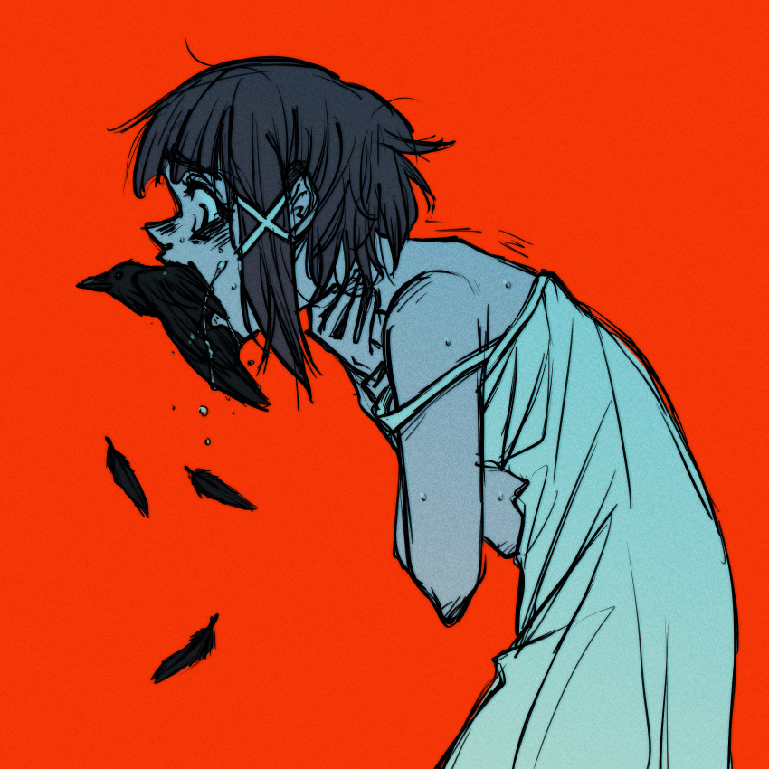 1girl, animal_in_mouth, asphyxiation, asymmetrical_hair, bird, black_feathers, brown_hair, camisole, choking_on_object, crow, feathers, grabbing_own_neck, gutalalaman, hair_ornament, highres, iwakura_lain, loose_clothes, messy_hair, monochrome_background, motion_lines, red_background, saliva, serial_experiments_lain, short_hair, single_sidelock, sketch, solo, strap_slip, white_camisole, x_hair_ornament