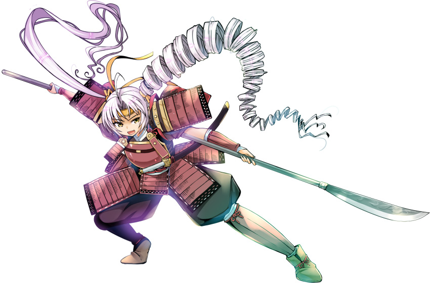 1girl, alternate_costume, armor, asymmetrical_hair, black_pants, commentary_request, curtained_hair, dou