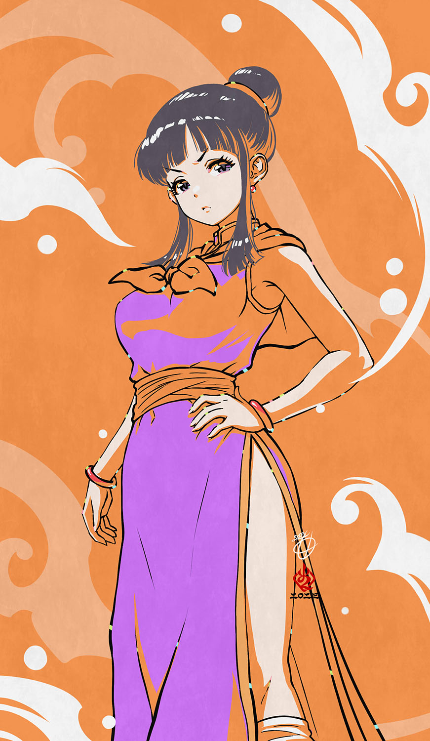 1girl, black_hair, bracelet, breasts, capelet, chi-chi_(dragon_ball), china_dress, chinese_clothes