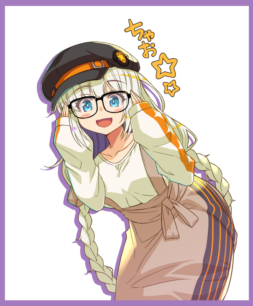 1girl, a.i._voice, blue_eyes, blush, border, braid, brown_skirt, cabbie_hat
