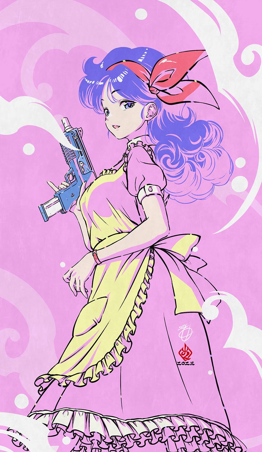 1girl, apron, bow_hairband, breasts, curly_hair, dragon_ball, dragon_ball_(classic), dress