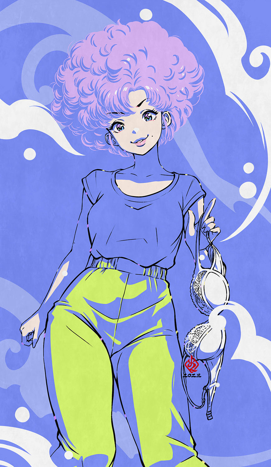 1girl, afro, big_hair, blue_eyes, bra, clenched_hand, dragon_ball, dragon_ball_(classic)